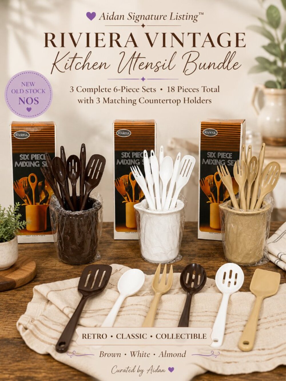 Vintage Riviera 6 Piece Plastic Kitchen Utensil Mixing Set Bundle - Picture 1 of 4